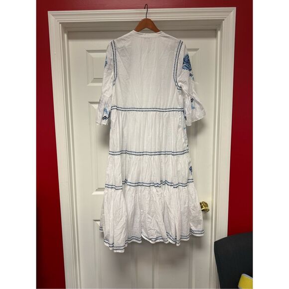 Sundance White Blue Floral Embroidered Tiered Button Down Midi Dress sz L NWOT - Picture 8 of 10
